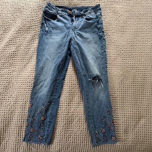 Time and Tru Distressed Blue Jeans with Floral Embroidery